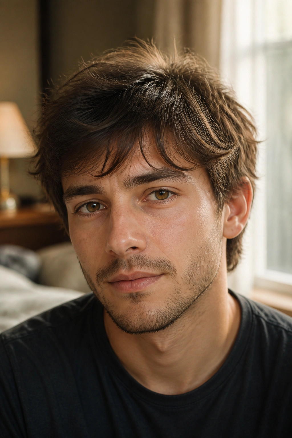 Close-up portrait of a real man with feathered layers creating lift in thin hair