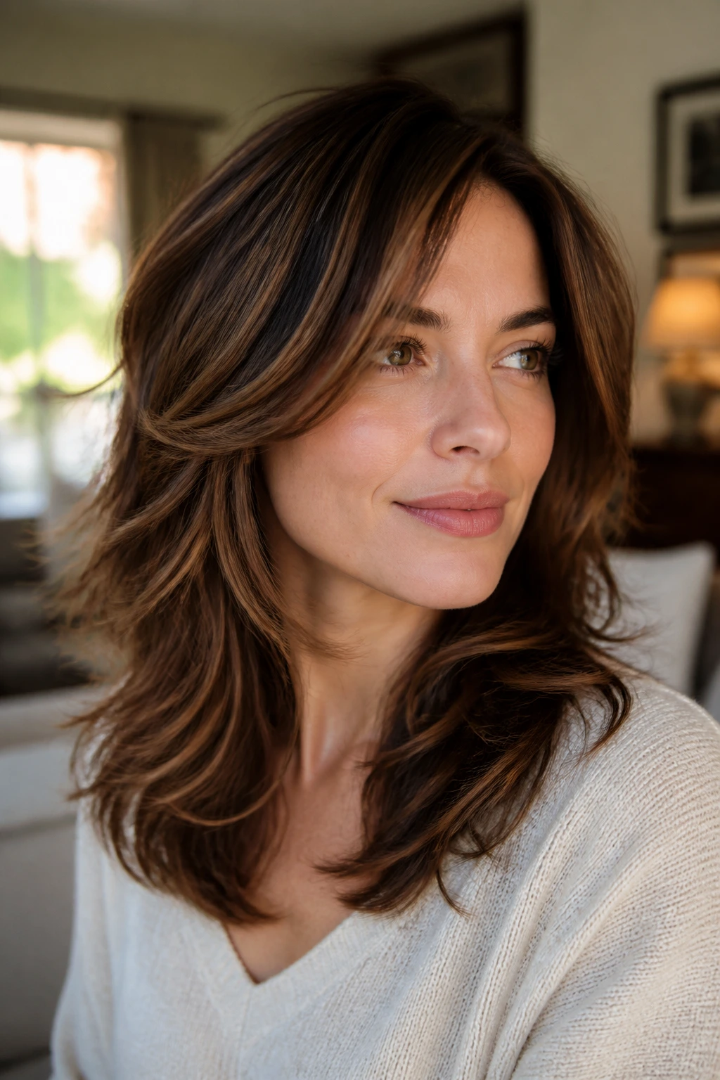 Close-up portrait of woman with feathered layers in wavy hair under natural window light