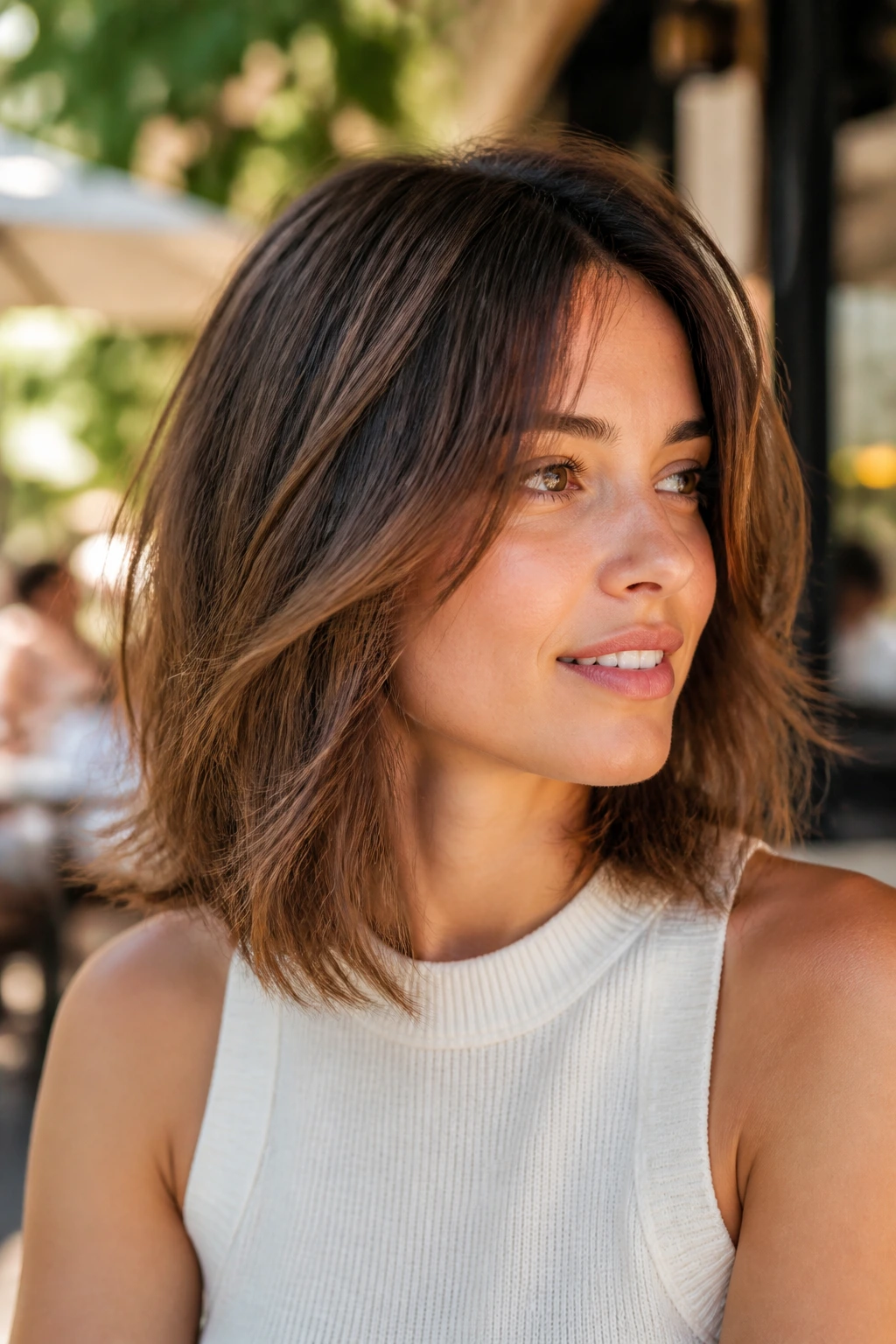Close-up of a real woman with a feathered lob and airy ends in natural outdoor light.