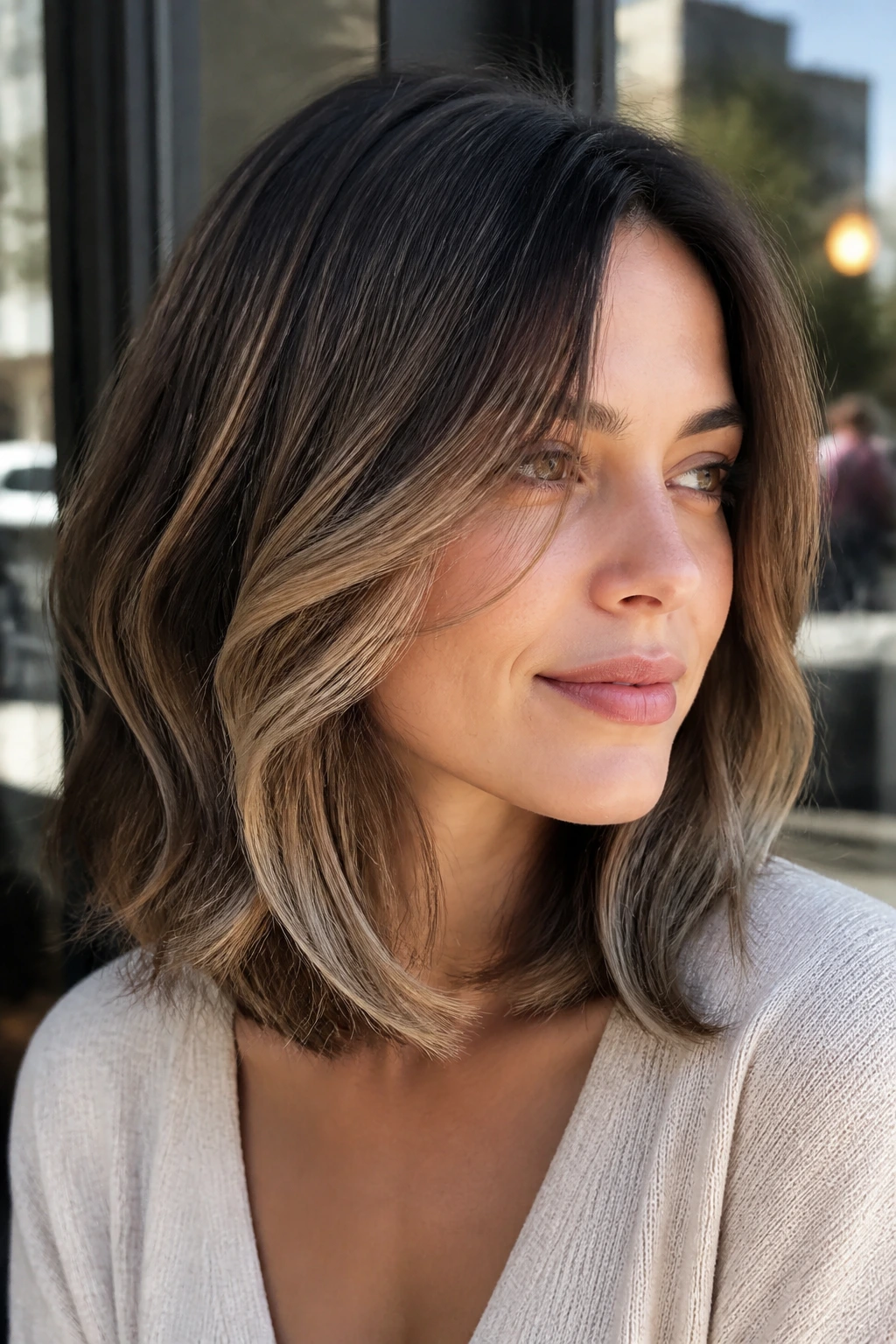 Close-up of a person with a feathered lob and balayage movement in natural daylight