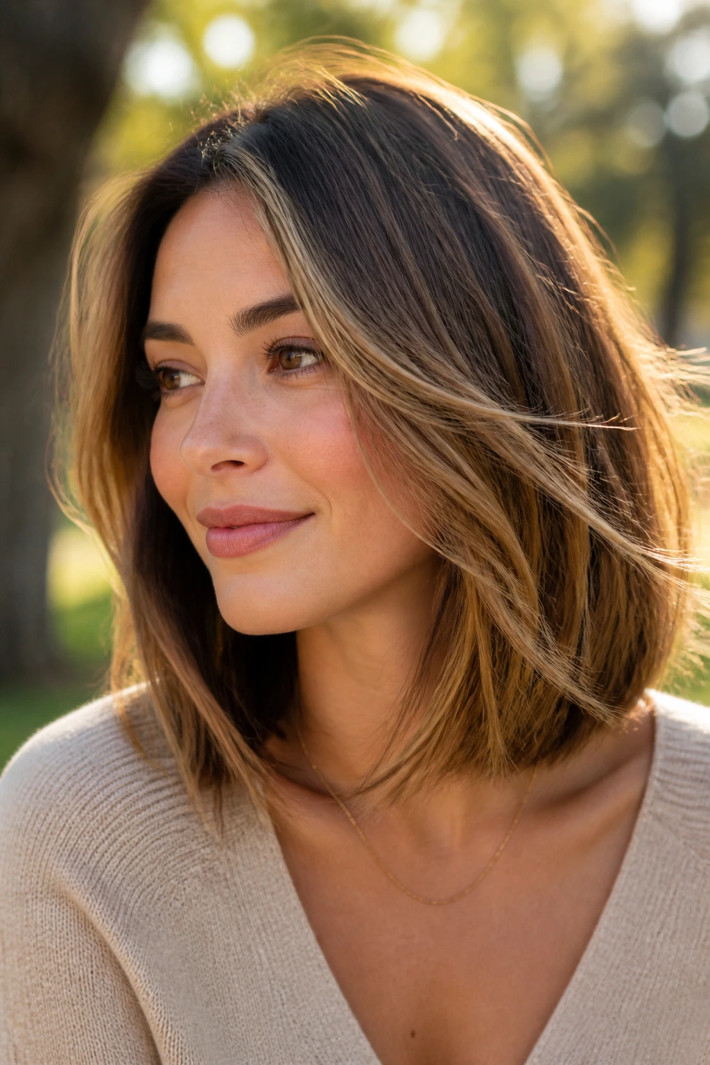 Close-up of a real woman with a feathered lob and swept lightness.