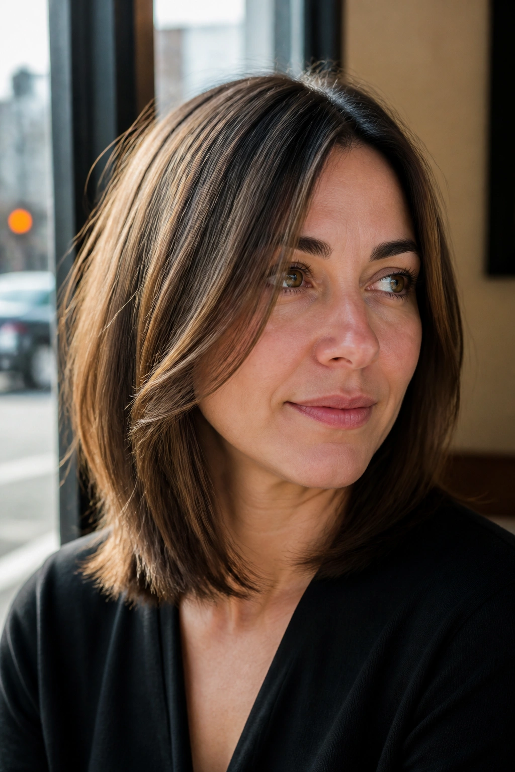 Portrait of a real woman with a feathered lob and barely-there layers.