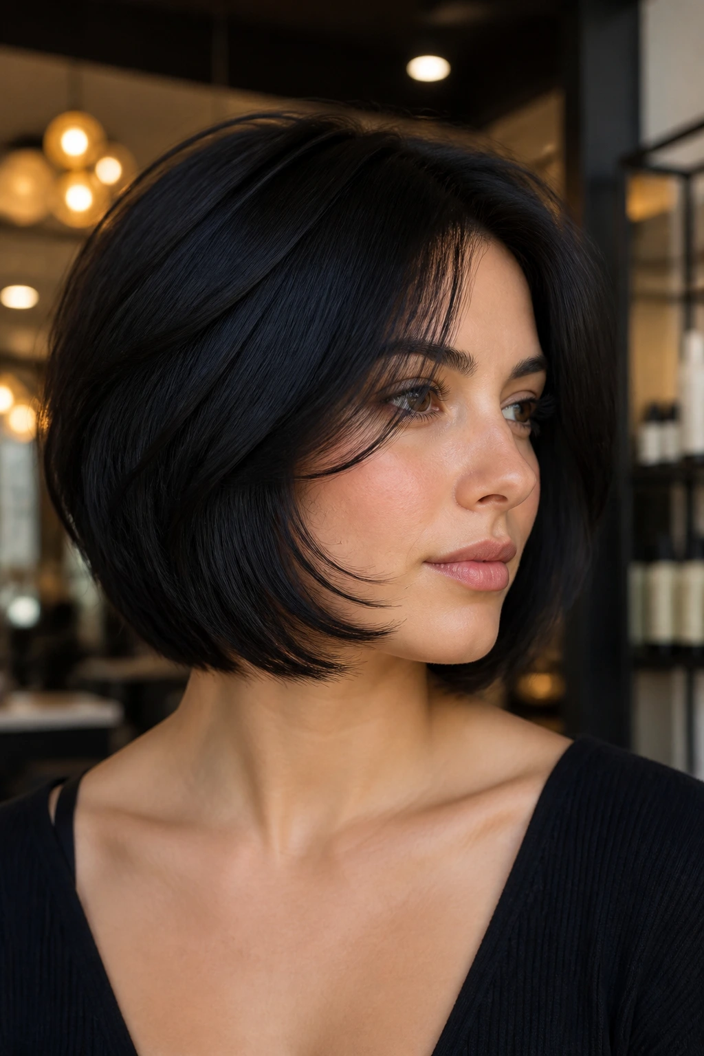 Close-up of a real woman with a black feathered bob and airy layers at the jaw