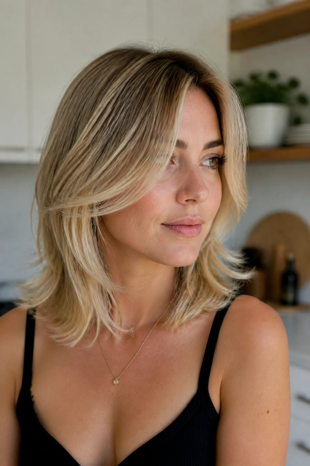 Close-up of a real woman with feathered lob and butter blonde ends