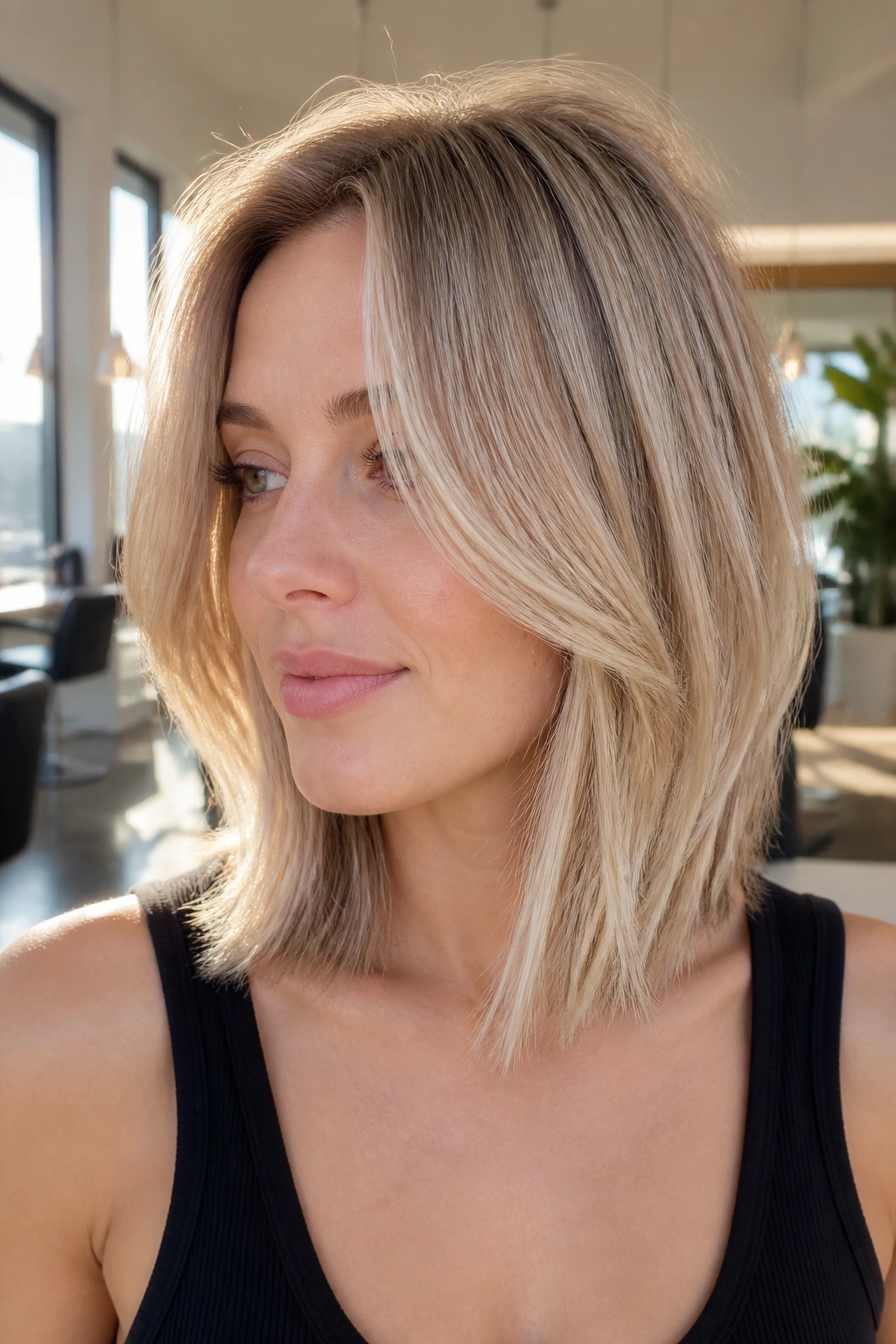 Real woman with crown-volume feathered lob, close-up in warm salon light