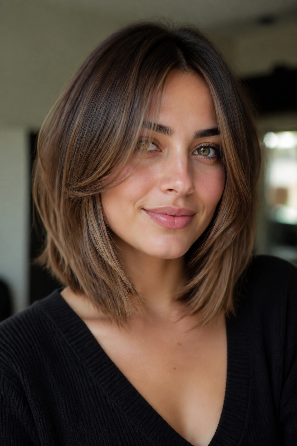 Real woman with feathered lob and face-framing layers.