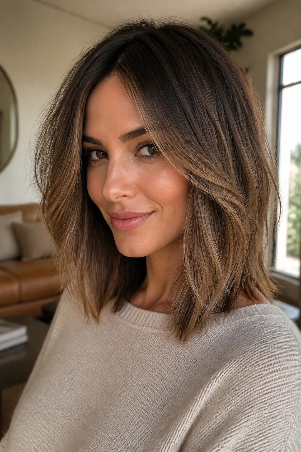 Close-up of a real woman's feathered lob with softly feathered ends in warm window light