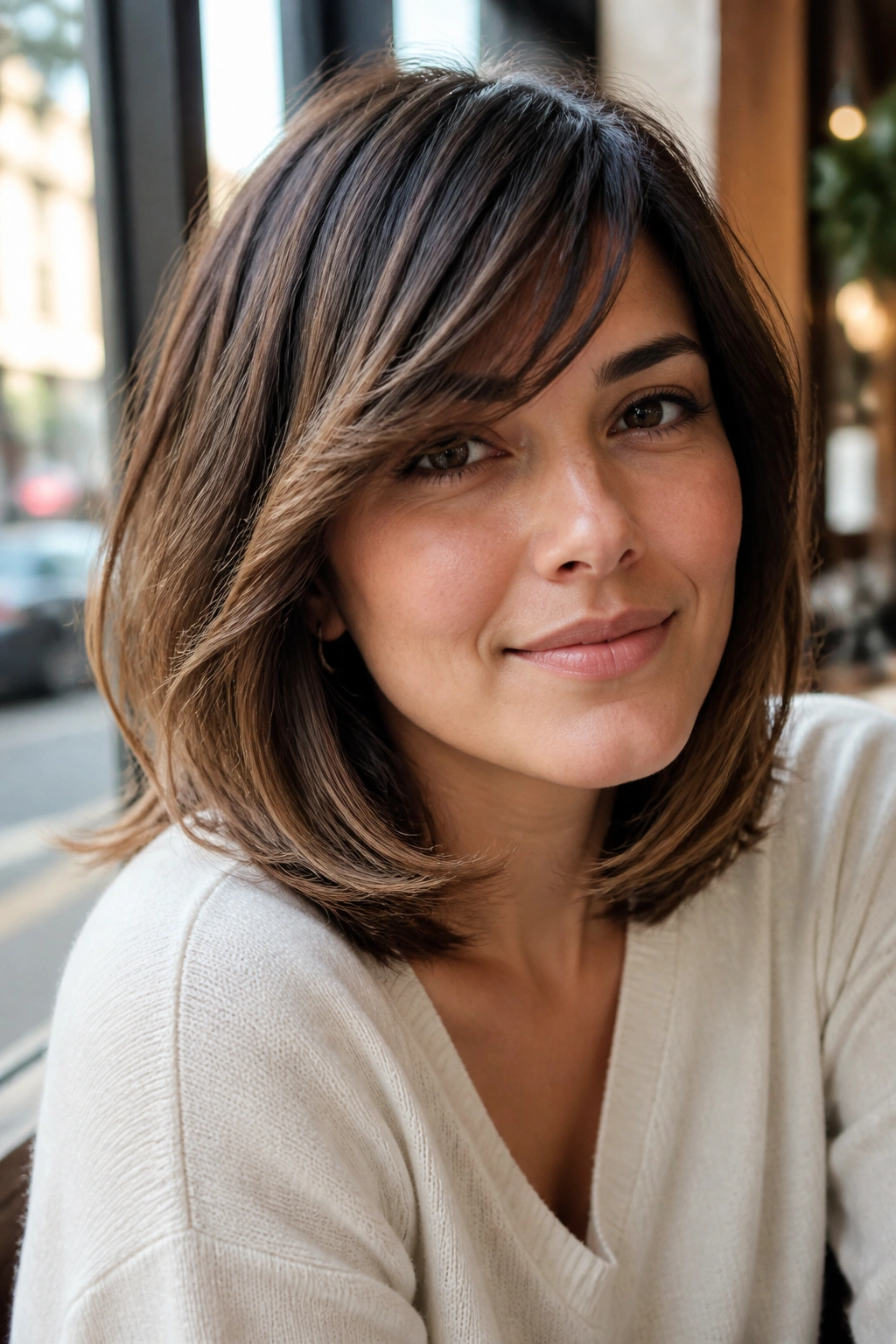 Close-up of a woman with a soft feathered lob and side-swept bangs in natural light.