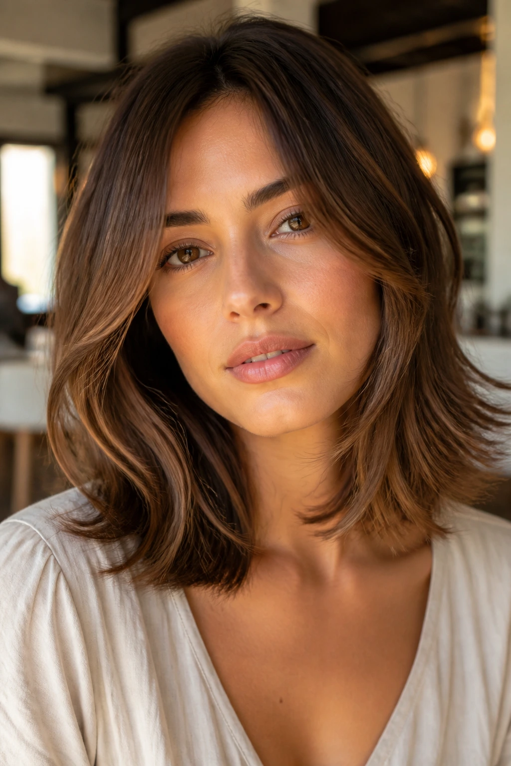 Close-up portrait of a real woman with a feathered lob