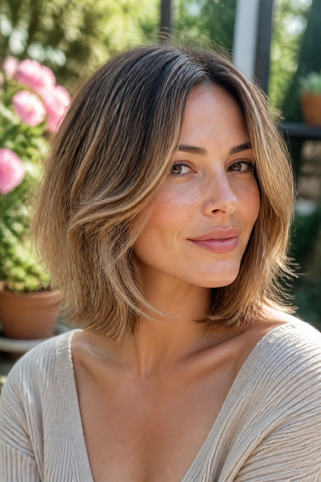 Close-up of a real woman with Feathered Lob in garden light