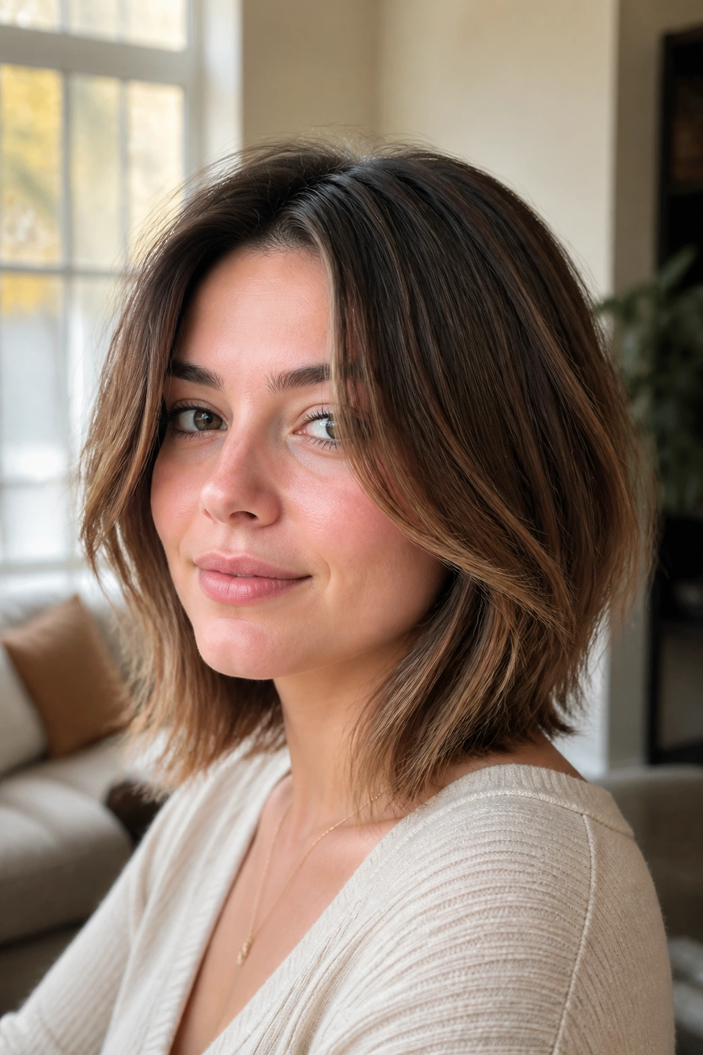 Close-up portrait of a real woman with feathered lob and split front hairstyle in warm window light