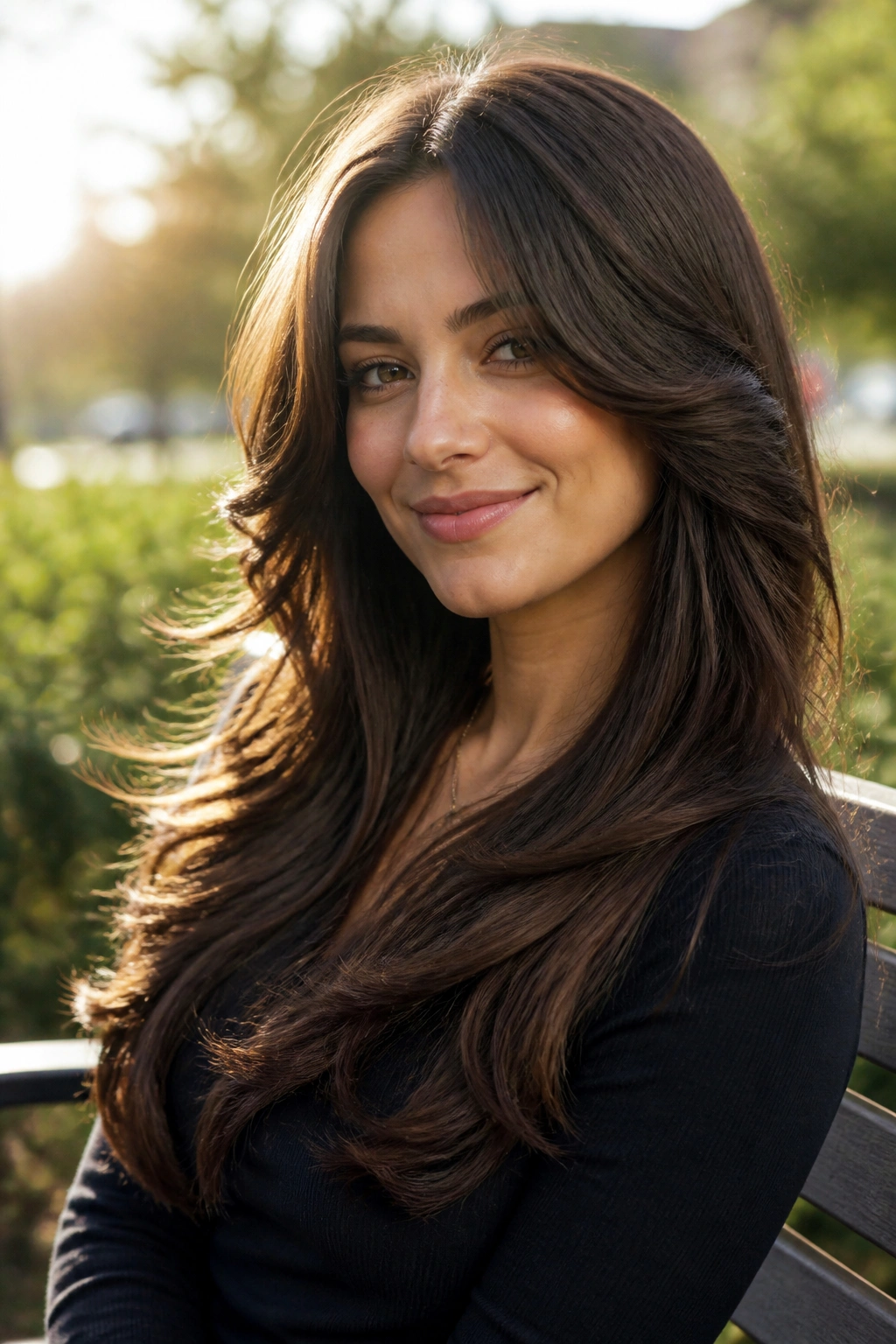 Real woman with feathered long cut hair and soft front layers.