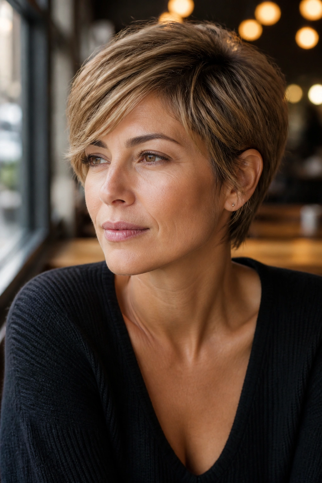 Close-up of a real woman with a long feathered pixie and cheekbone-skimming layers