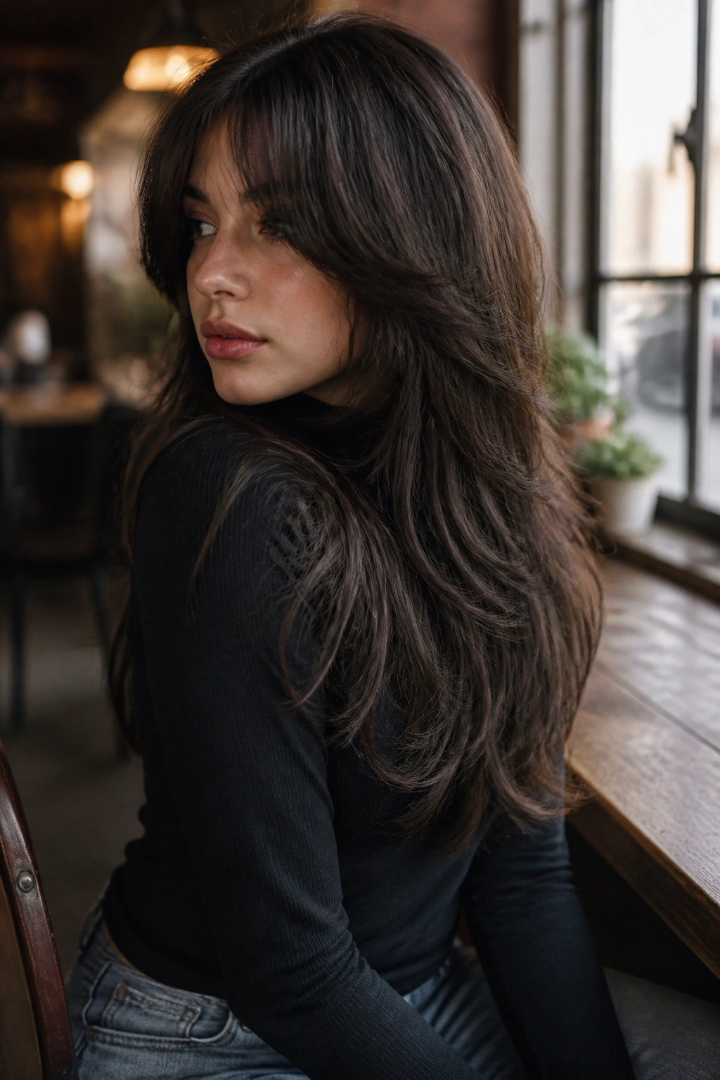 Three-quarter view of a real woman with feathered mid-back shag in warm cafe light