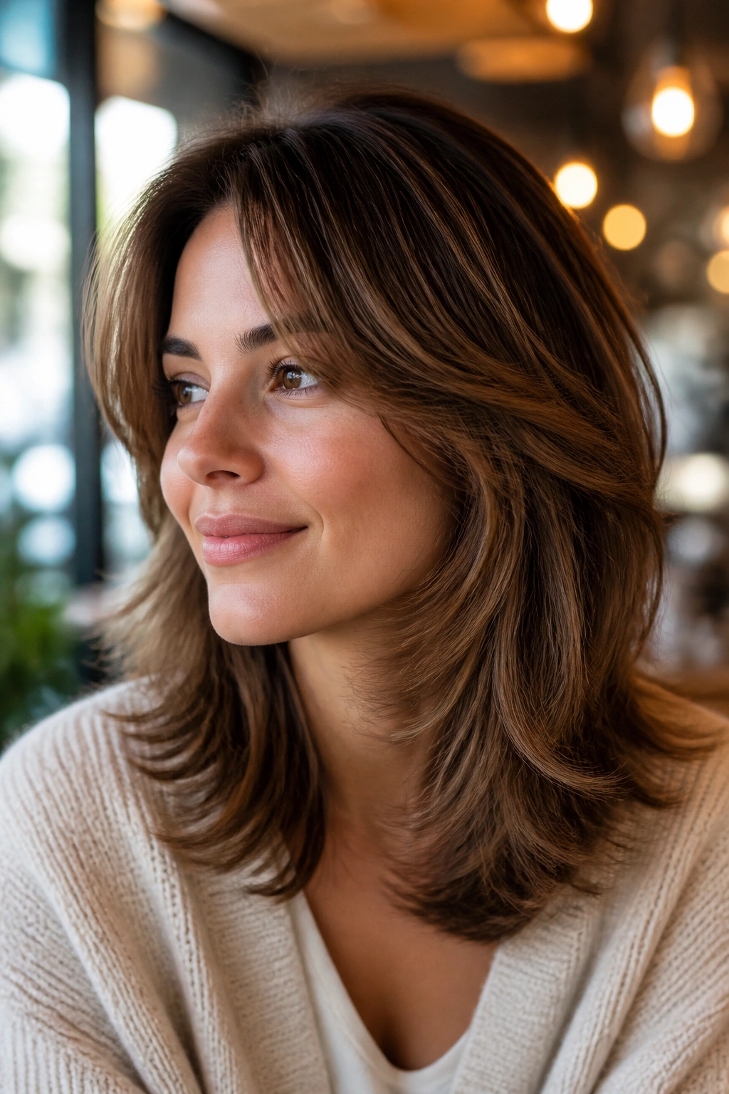Portrait of a real woman with a feathered mid-length cut