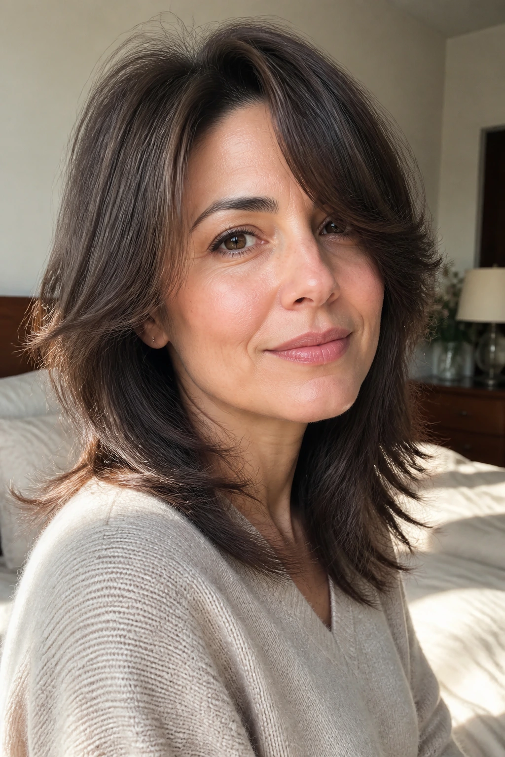 Real person with feathered mid-length cut, close-up portrait.