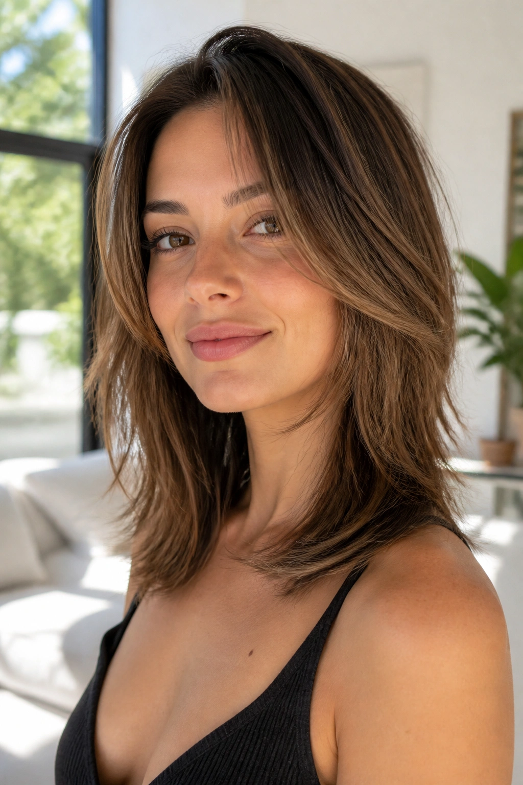 Close-up of a real woman with feathered mid-length layers in bright setting