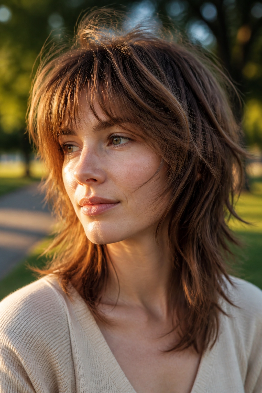Close-up portrait of a woman with feathered mid-length shag in golden hour light