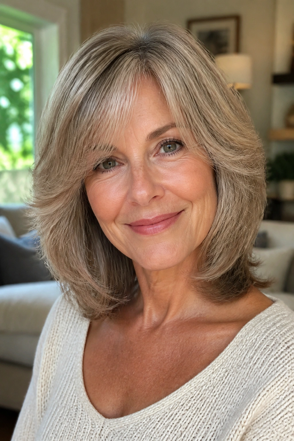 Close-up of a real woman with a feathered mid-length cut in a cozy living room