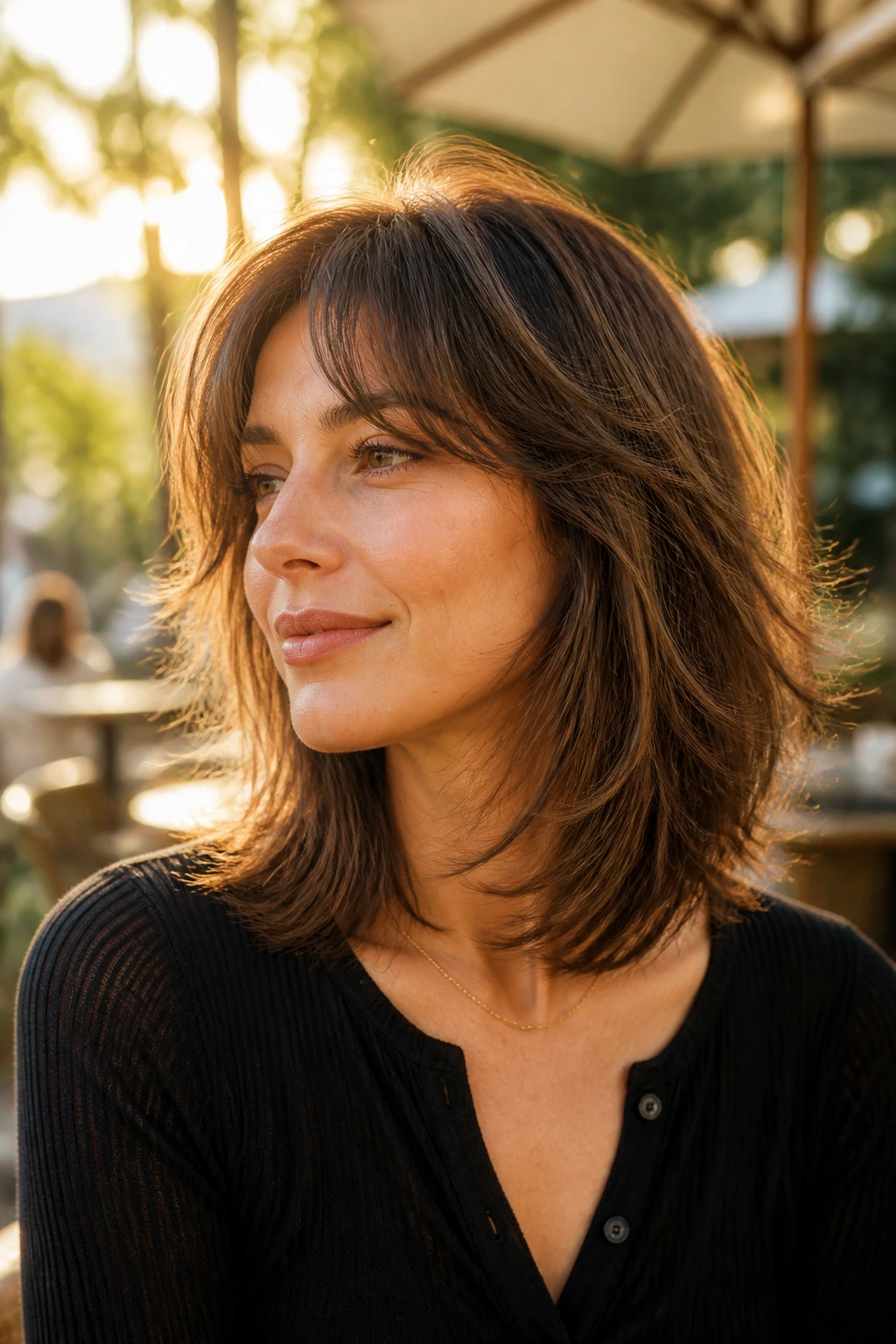 Close-up of a real woman with a feathered shoulder-length midi cut