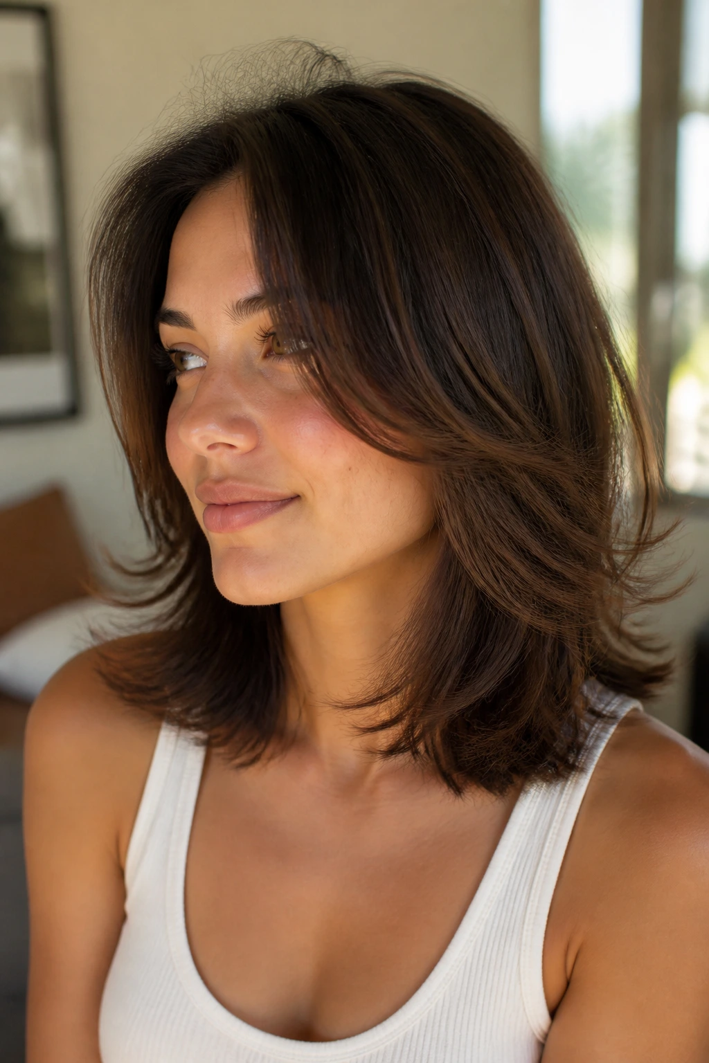 Close-up of a real woman with a feathered midi cut and flipped ends under warm window light.