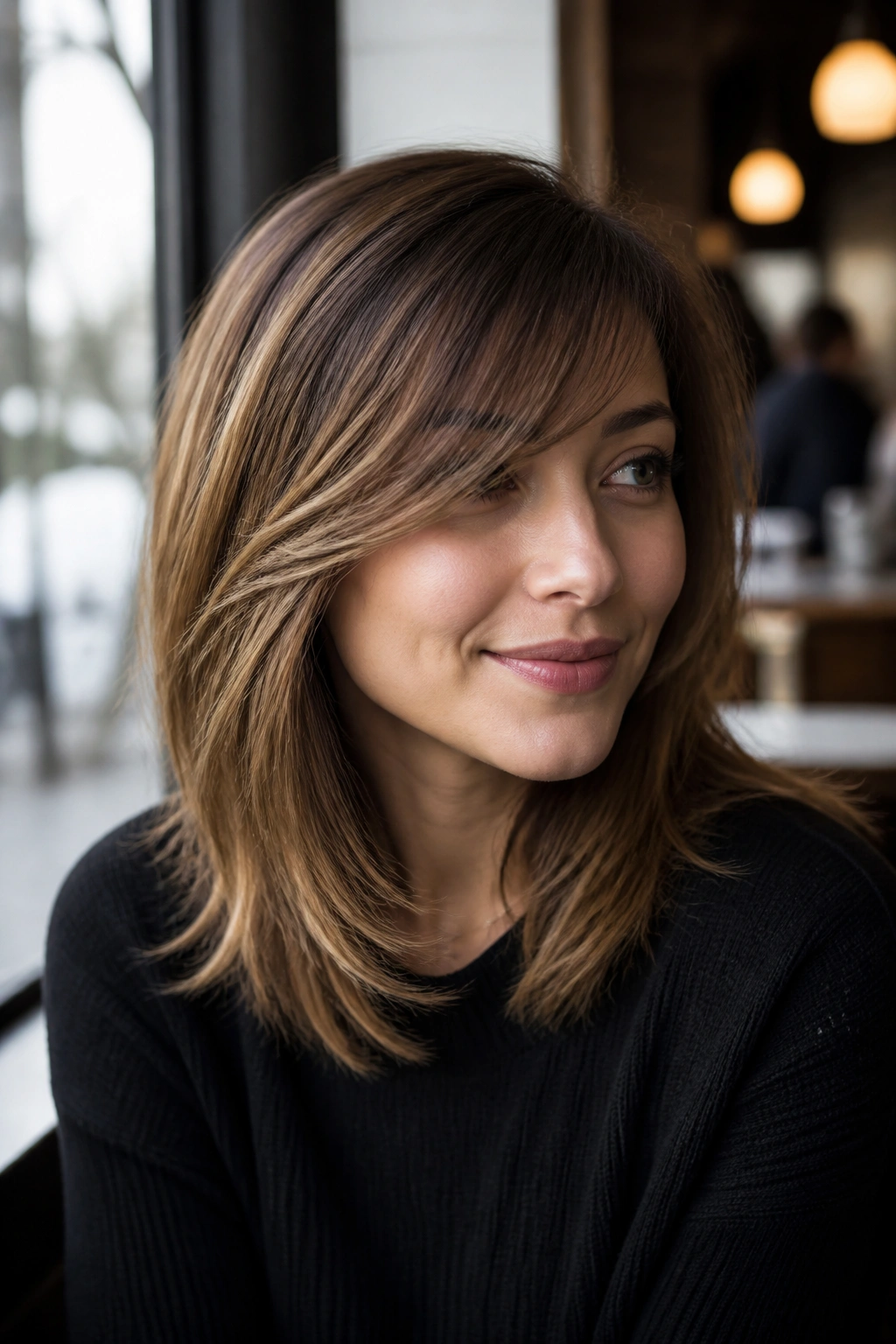 Real woman with feathered midi cut and side-swept bangs