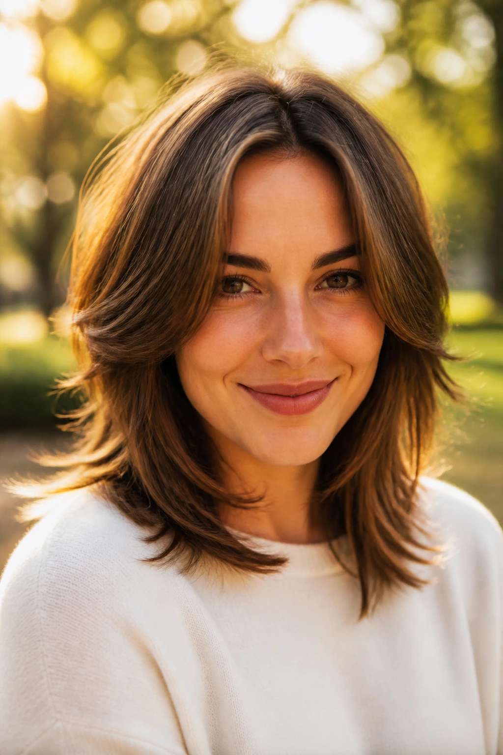 Close-up portrait of a woman with feathered midi cut showing vertical movement