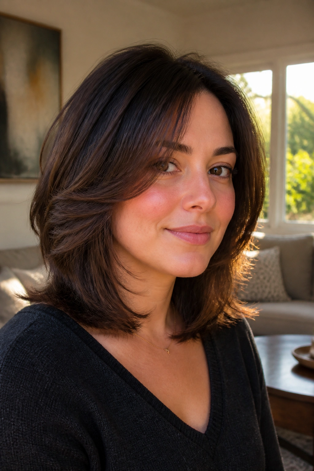 Close-up of real woman with feathered mid-length cut and face-framing layers in window light