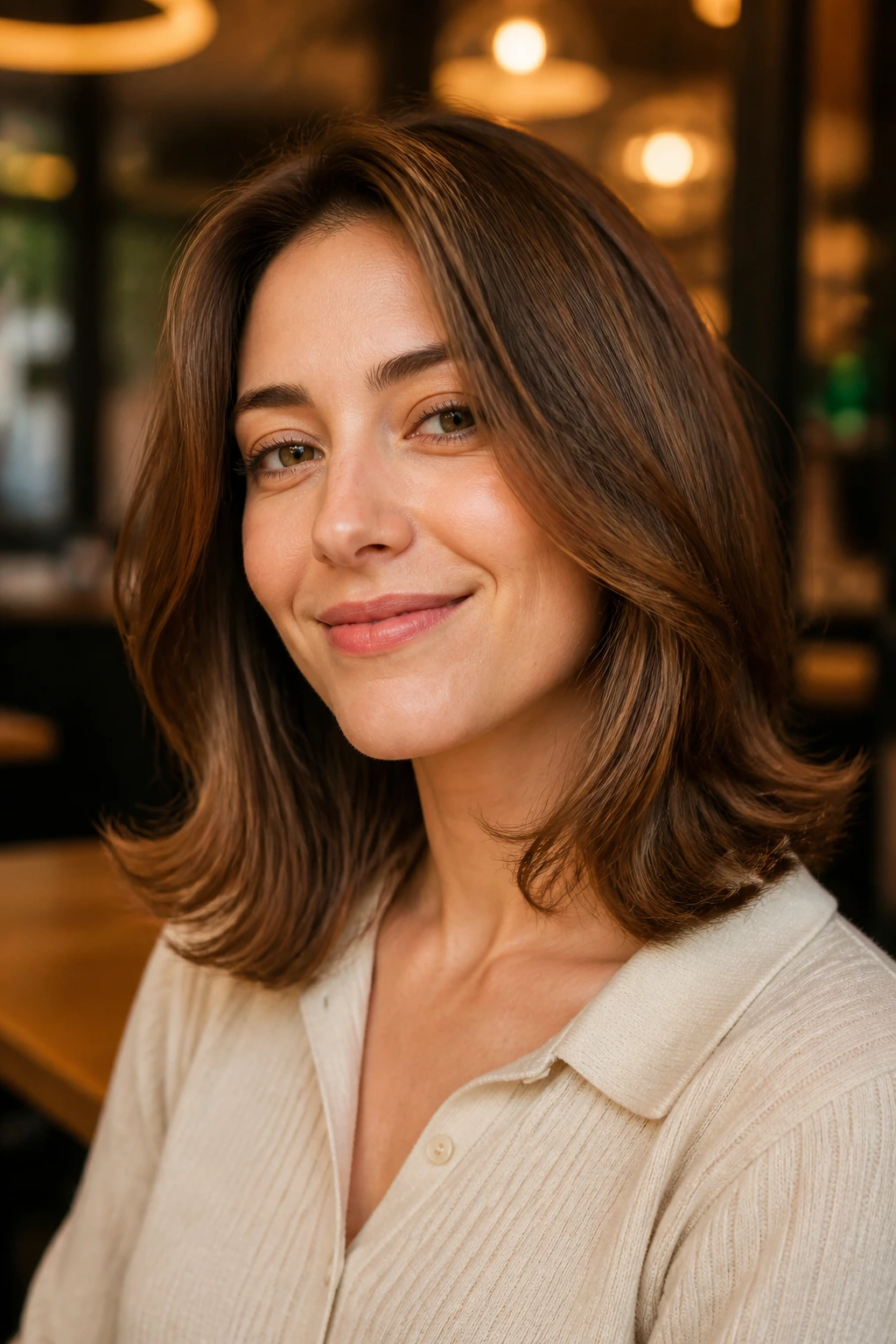 Real woman with feathered mid-length cut and flipped ends