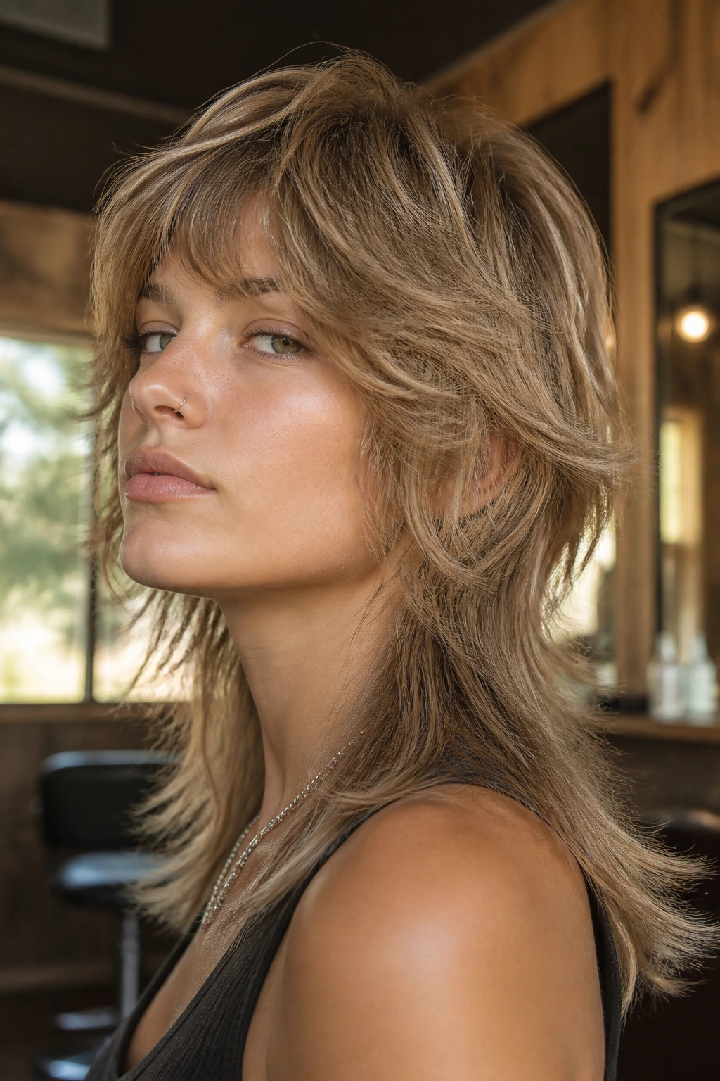 Close-up portrait of a real person with feathered 70s shag mullet in warm salon light