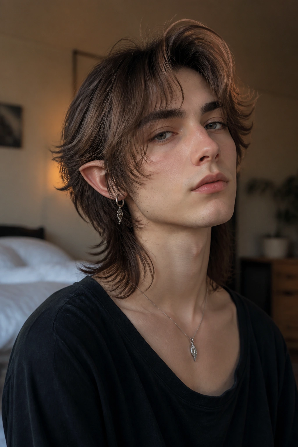 Close-up portrait of a real person with Feathered Leaf-Frame Elvish Shag Mullet showing cheekbone-framing front pieces and feathered sides.