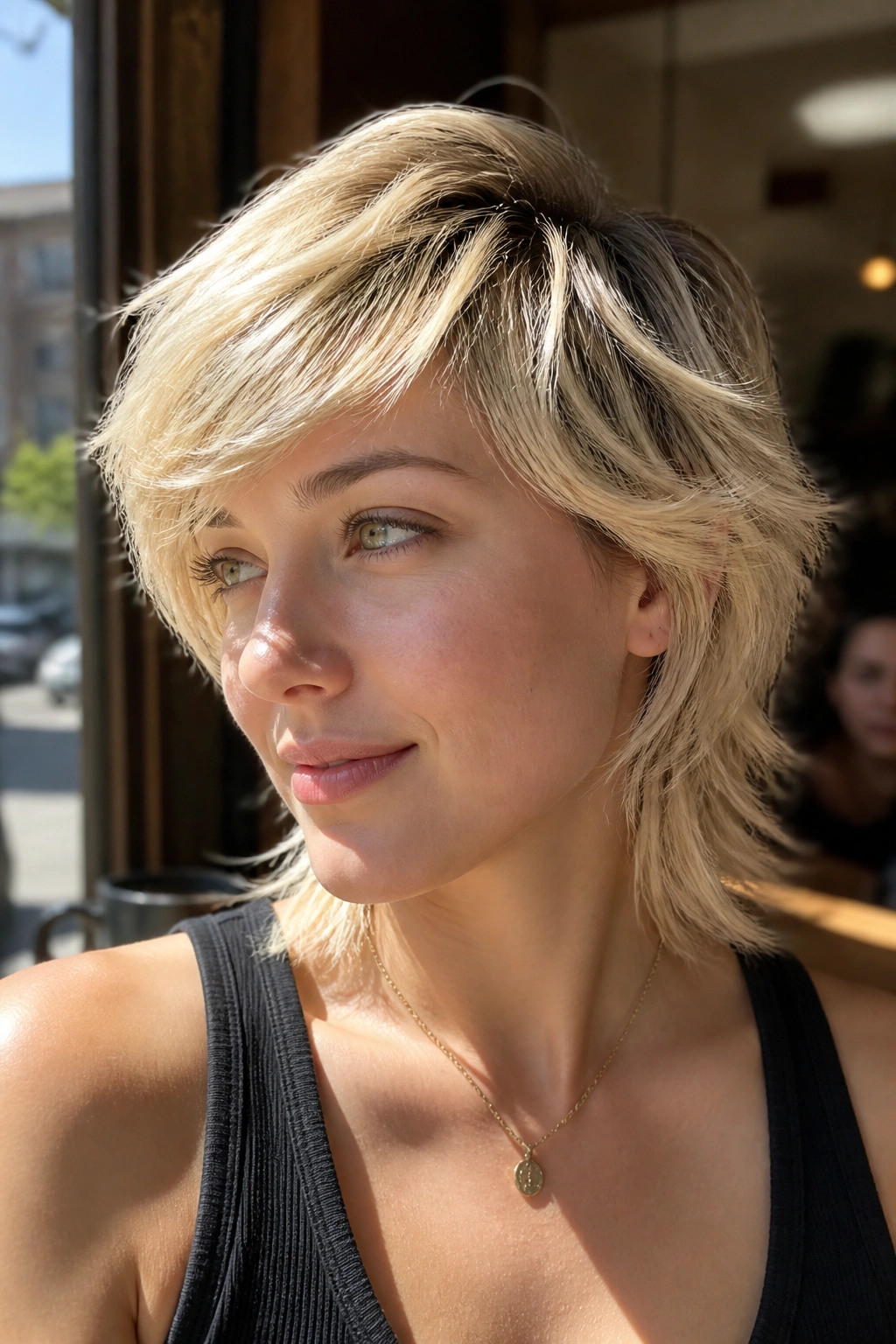 Close-up of a real woman with feathered mullet-lite and side-swept fringe in blonde