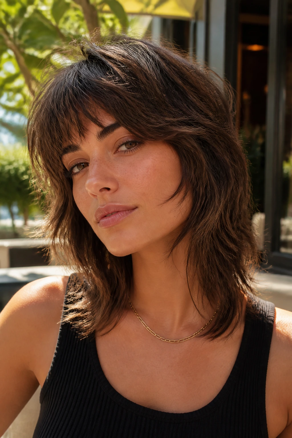 Close-up portrait of a real woman with feathered shoulder-grazing shaggy mullet.