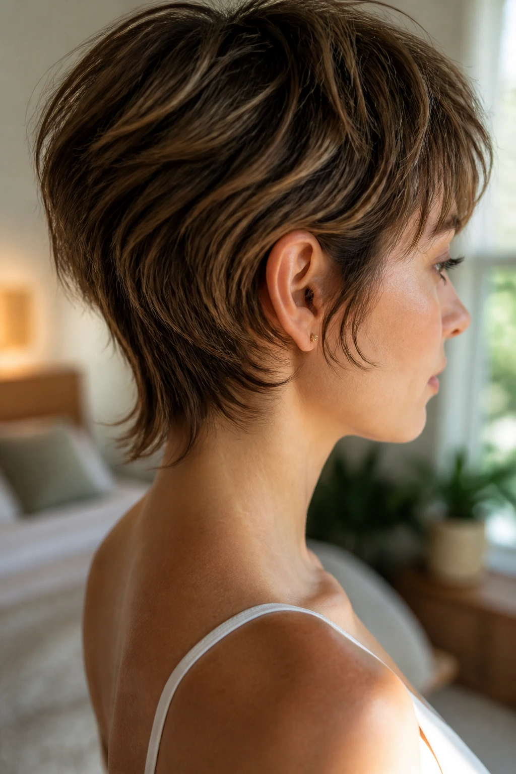 Close-up of a real woman with a feathered nape shag, soft, layered nape.