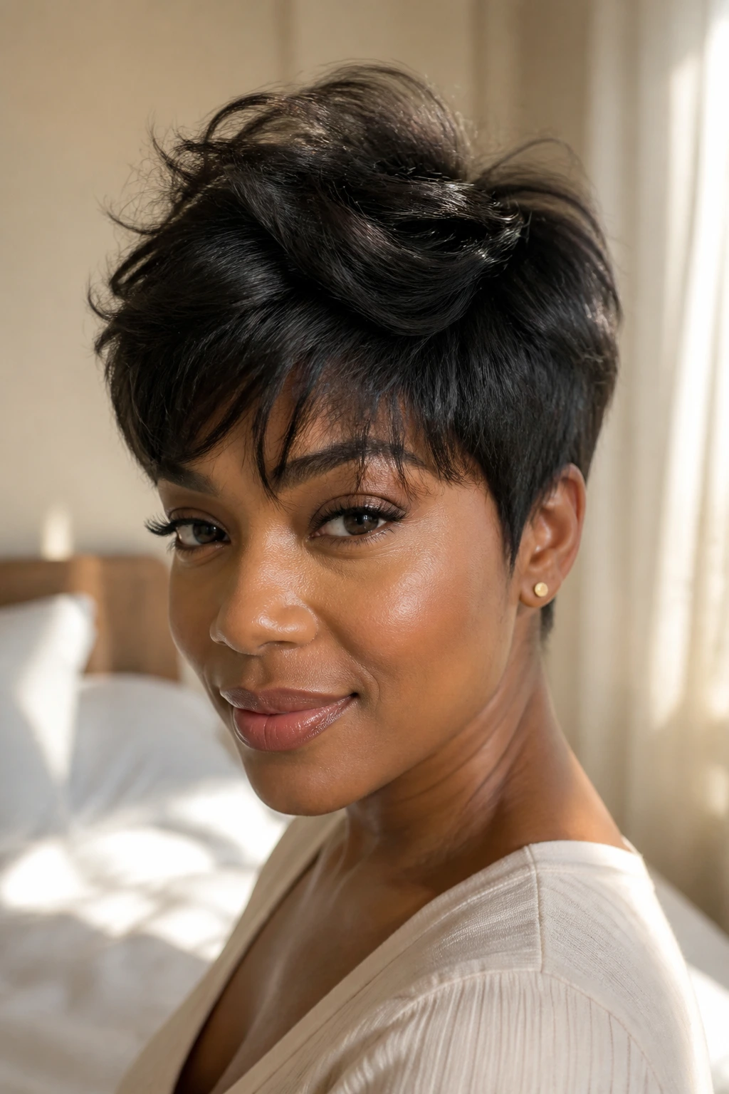 Close-up portrait of a Black woman with a feathered pixie and airy ends in a sunlit bedroom