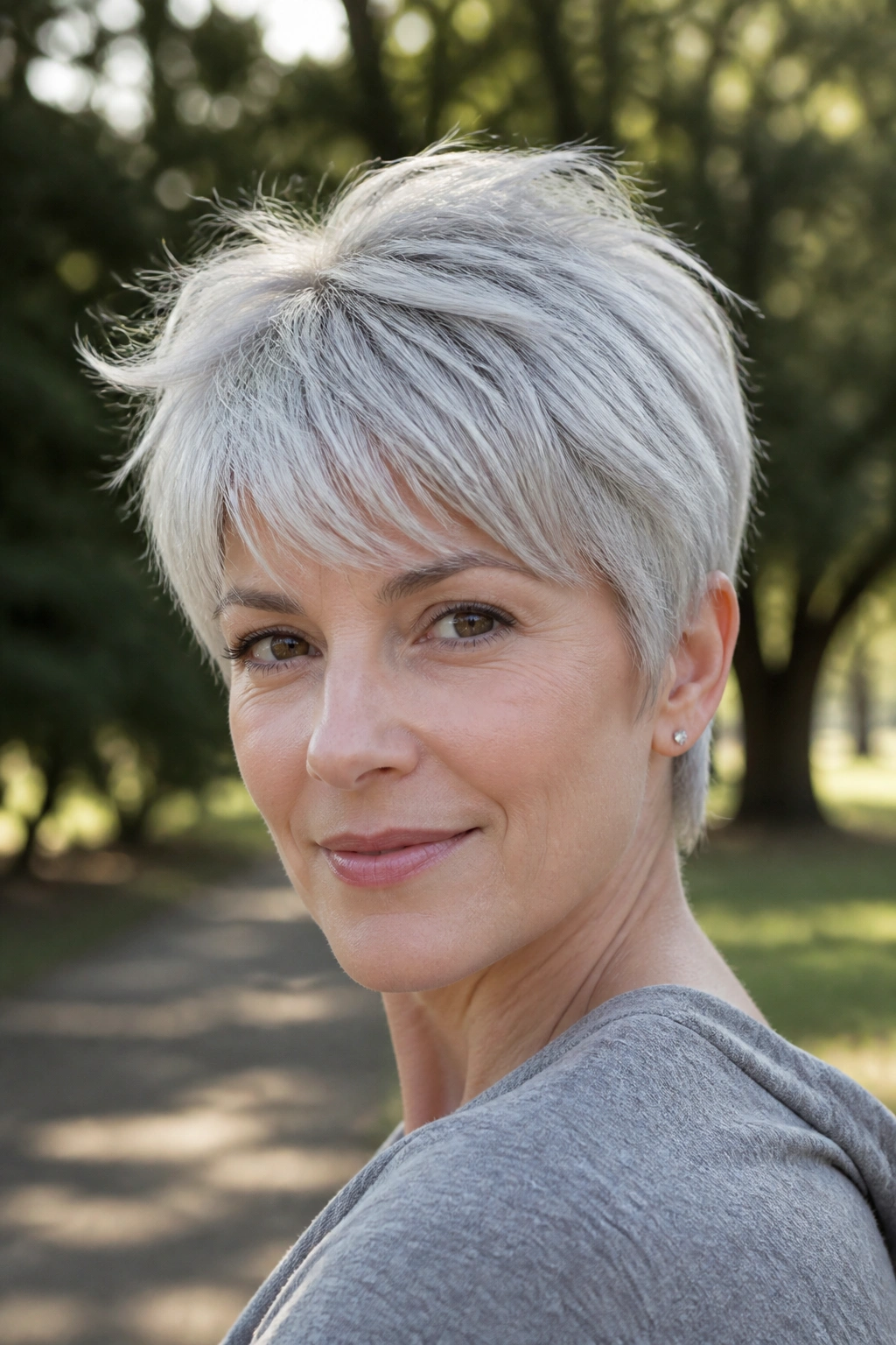 Real person with feathered silver pixie and airy ends