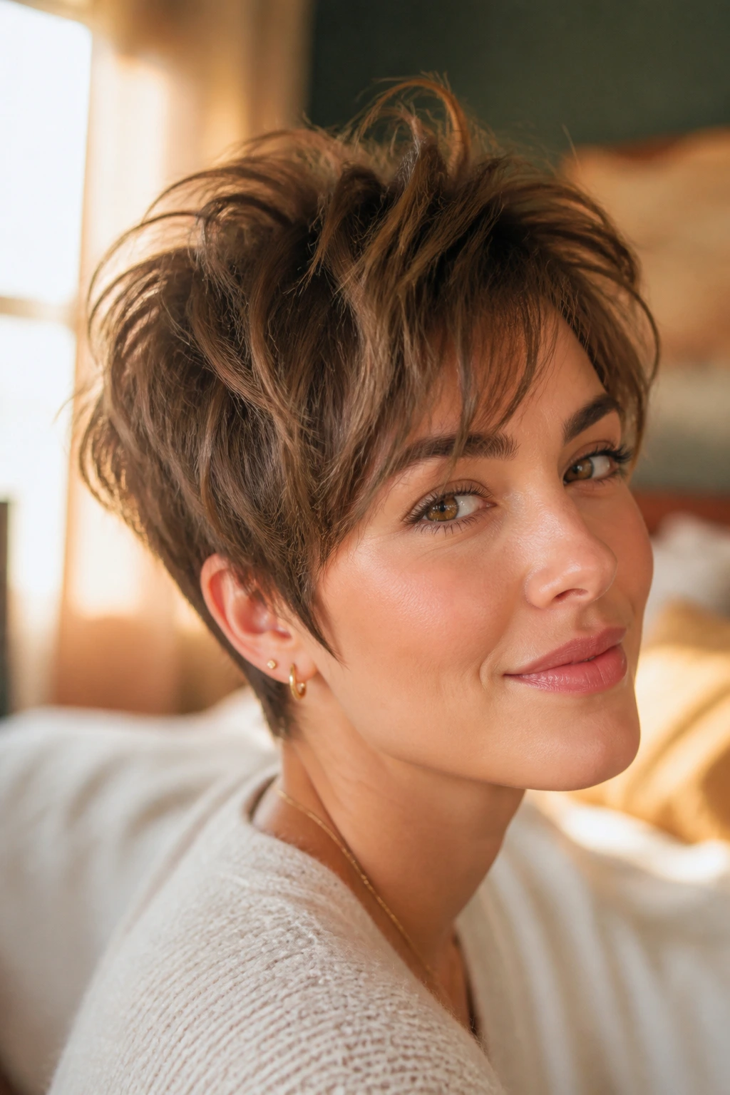 Close-up portrait of a real woman with a feathered pixie and airy layers, soft movement