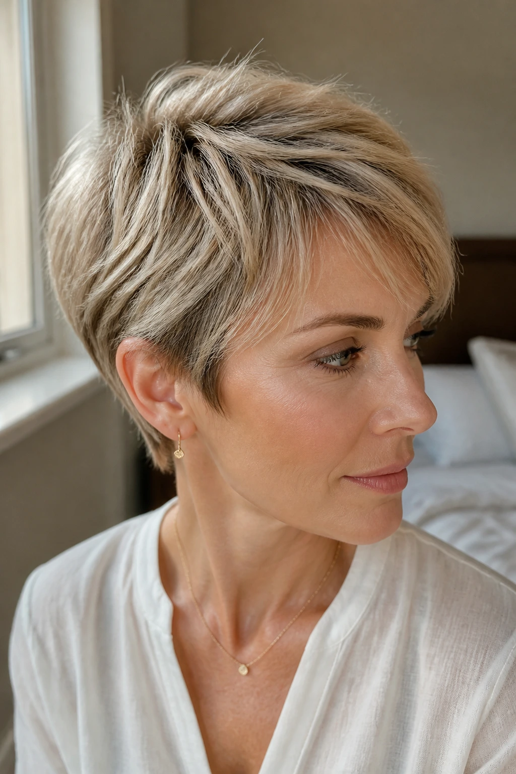 Close-up portrait of a real woman with feathered pixie and airy layers