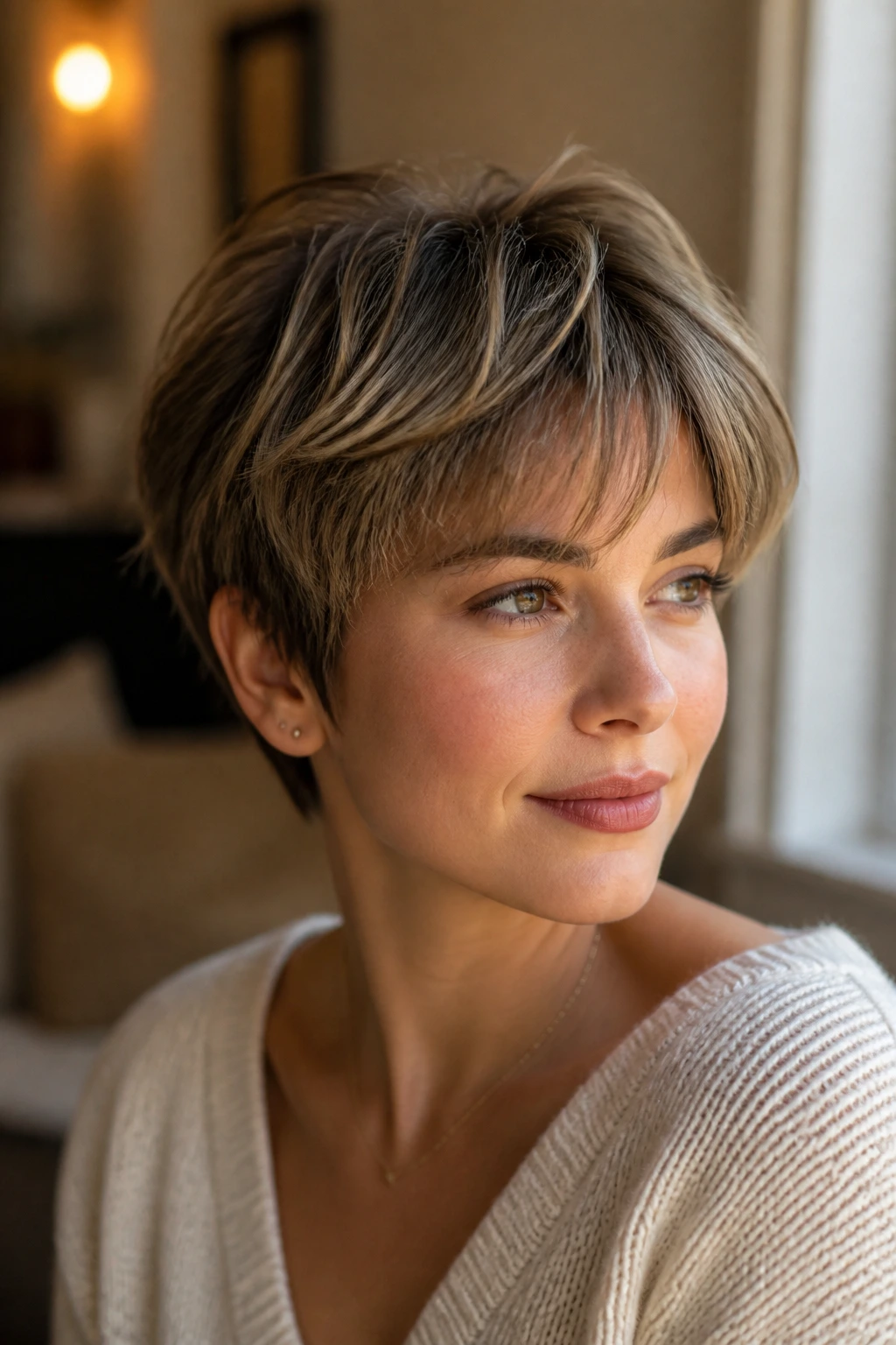 Close-up portrait of a real woman with feathered pixie and arched bangs