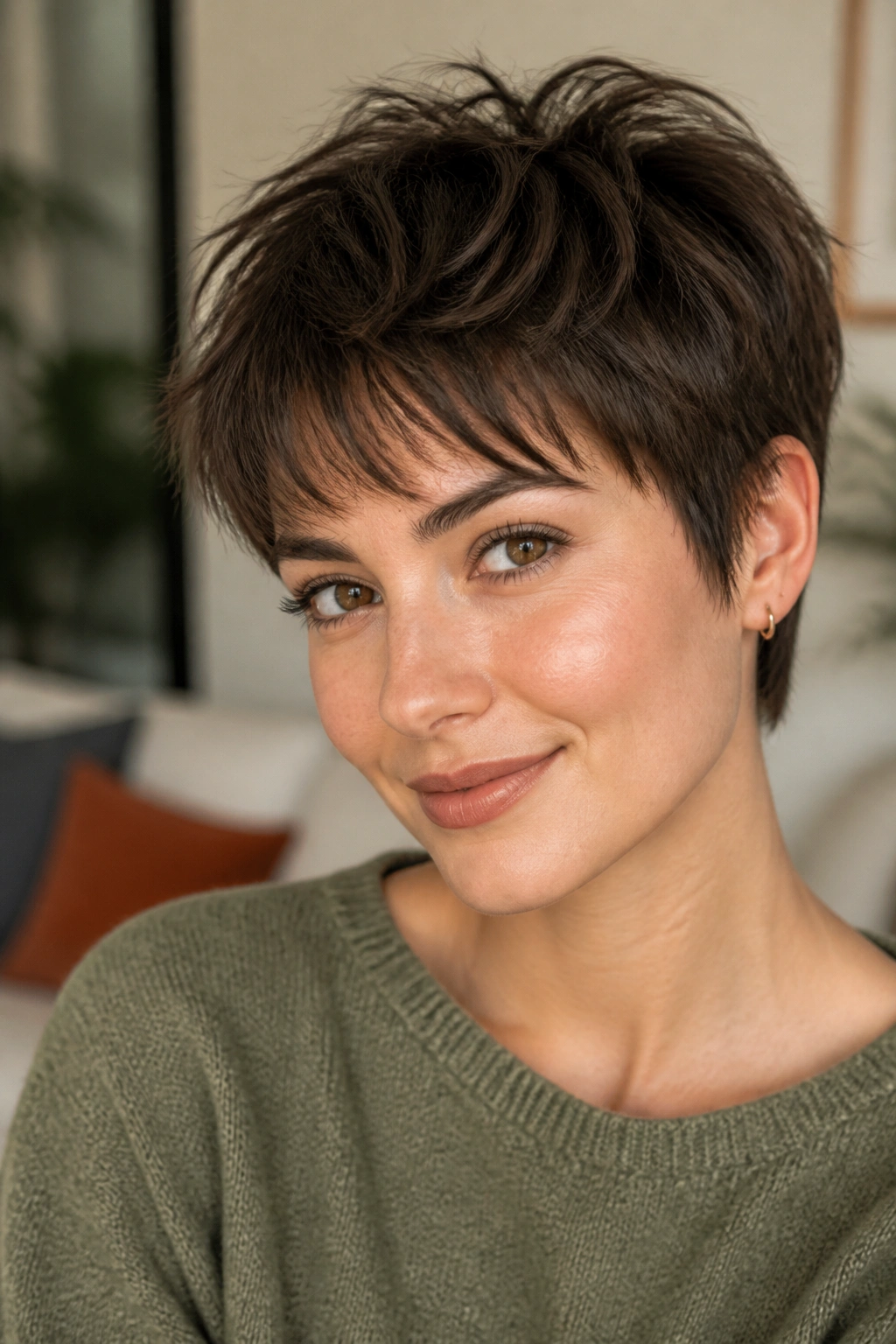 Close-up of a real woman with feathered pixie bangs in soft window light