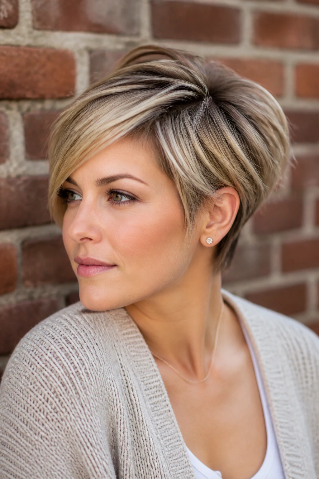 Real person with feathered pixie-bob hairstyle.