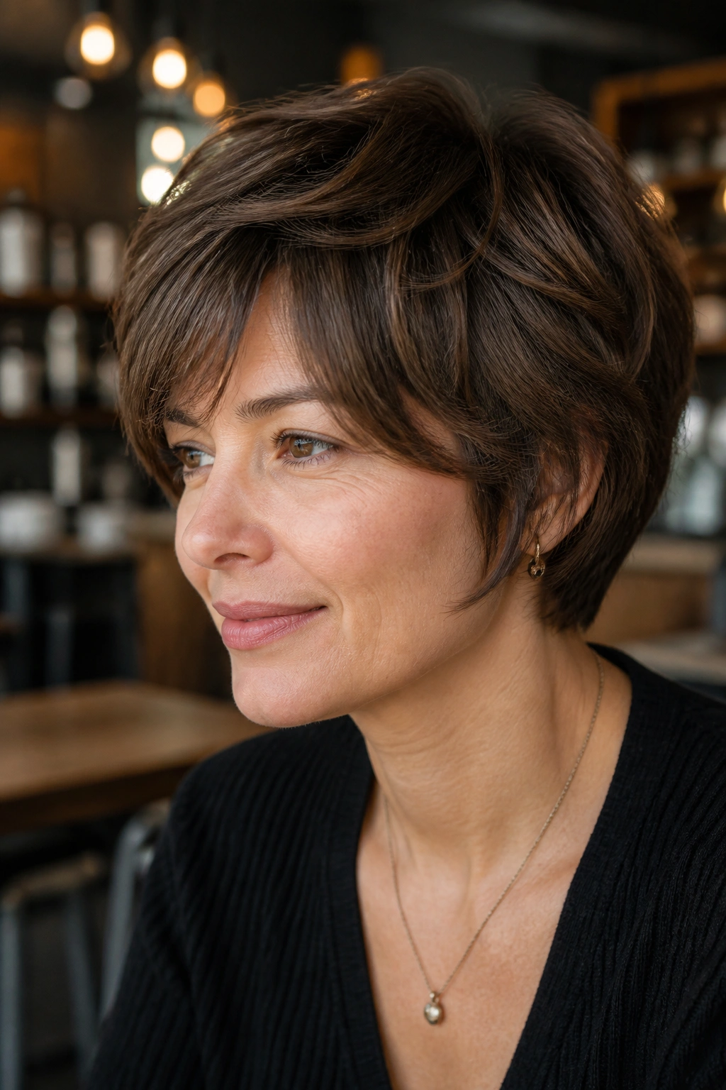 Close-up of a real woman with feathered pixie bob hybrid hairstyle