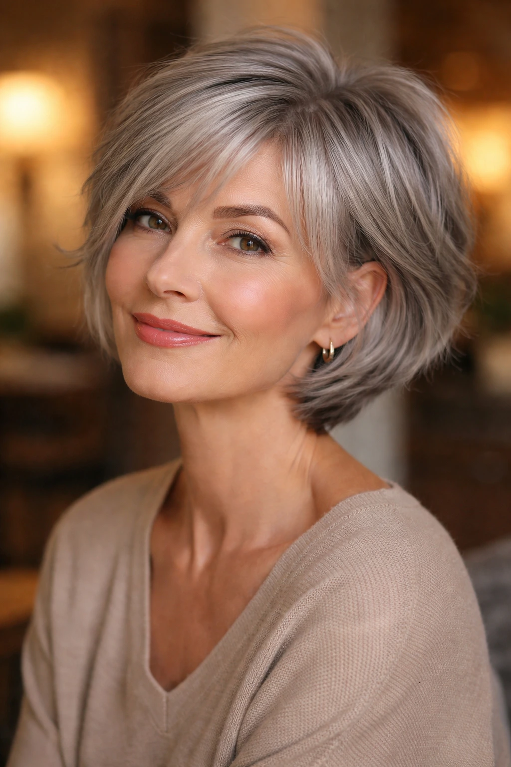 Close-up portrait of a real woman with a feathered pixie-bob and soft layers