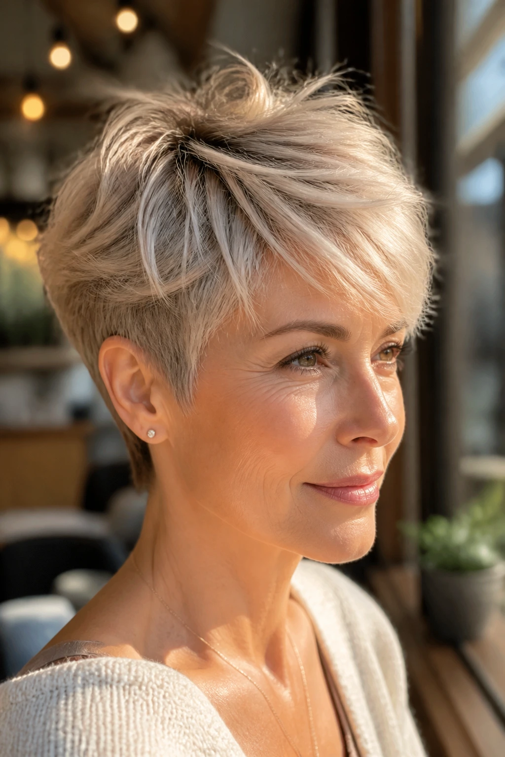 Close-up of a real woman with a feathered pixie hairstyle showing wing-like layers.