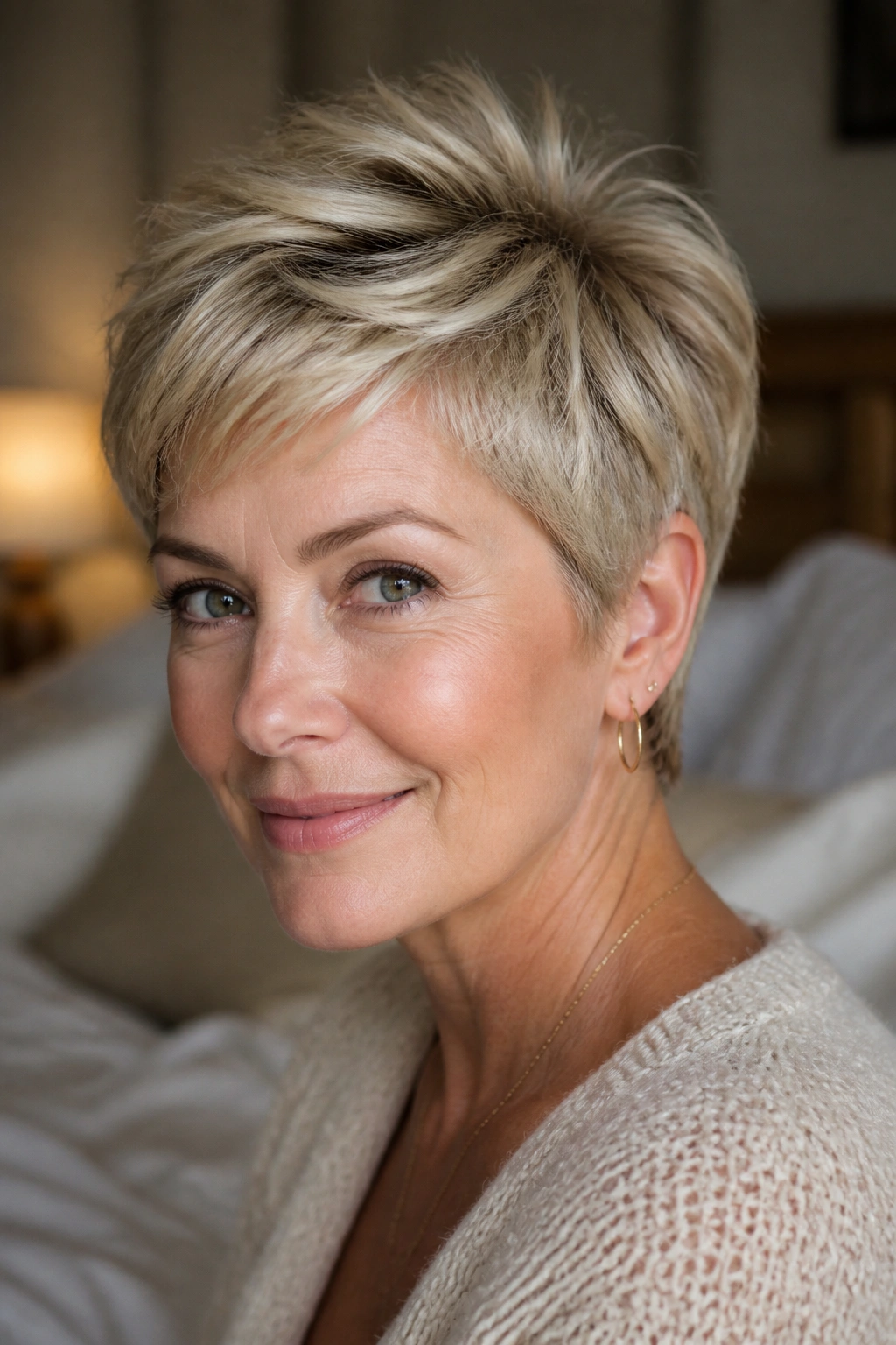 Close-up portrait of a real woman with a soft feathered crown pixie hairstyle.