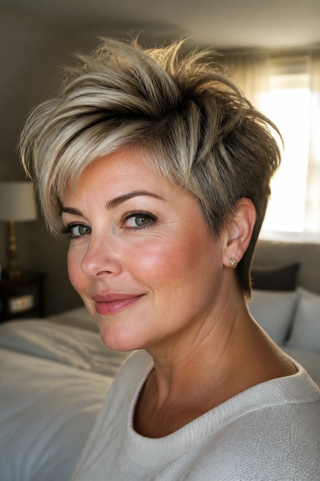 Close-up of real woman with a feathered pixie cut and crown lift