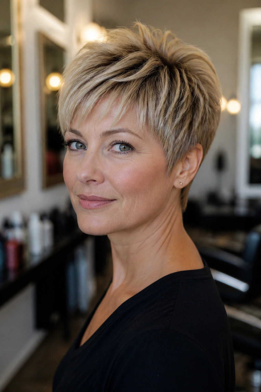 Portrait of a woman with a crown-lifted feathered pixie in a salon setting