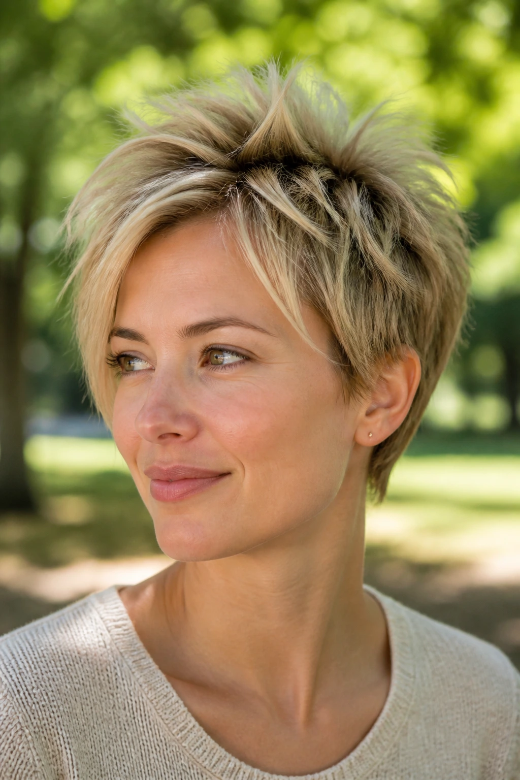 Close-up of a real person with a feathered pixie and long crown pieces.