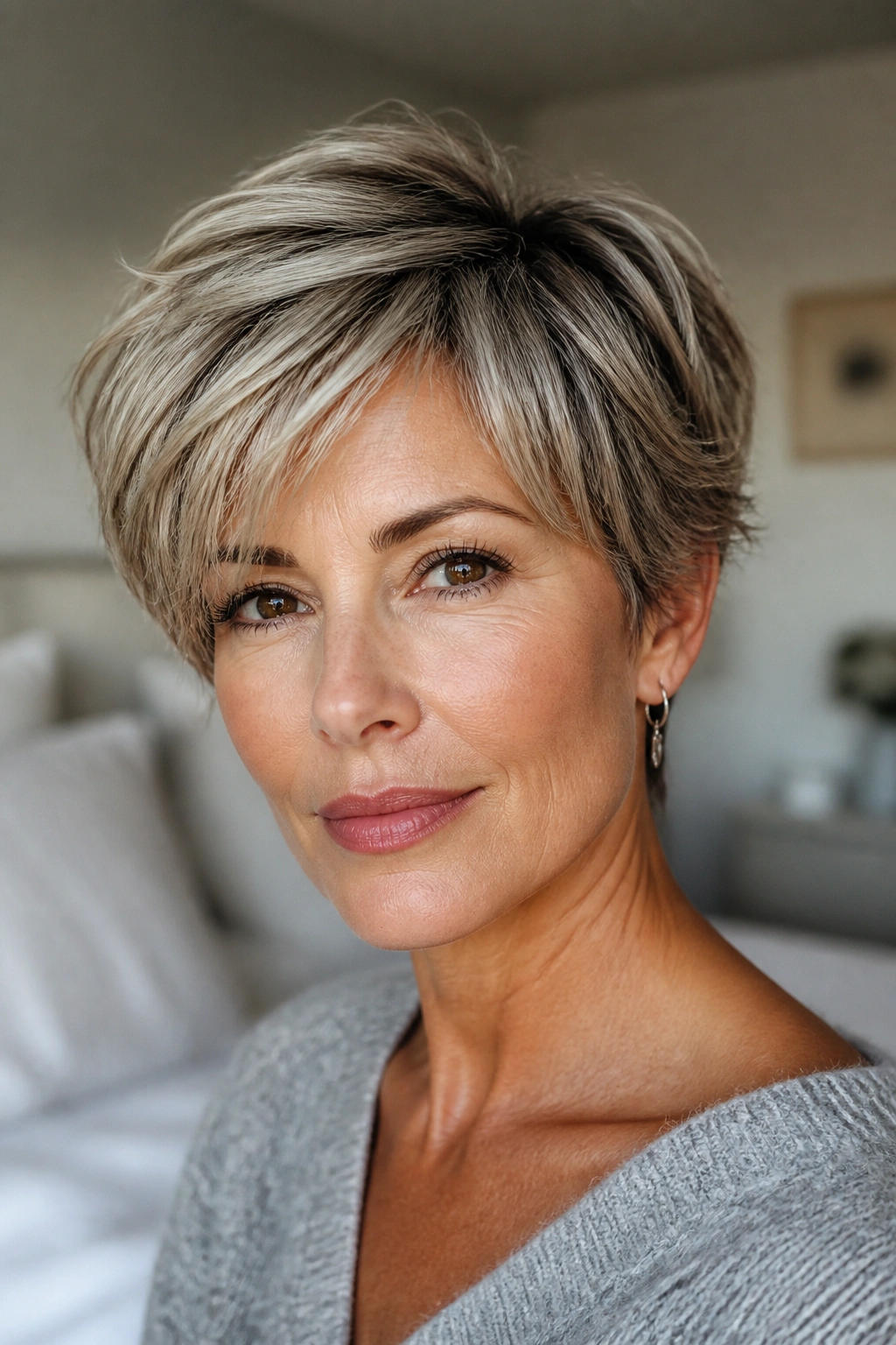 Close-up of a real woman with softly feathered long pixie ends