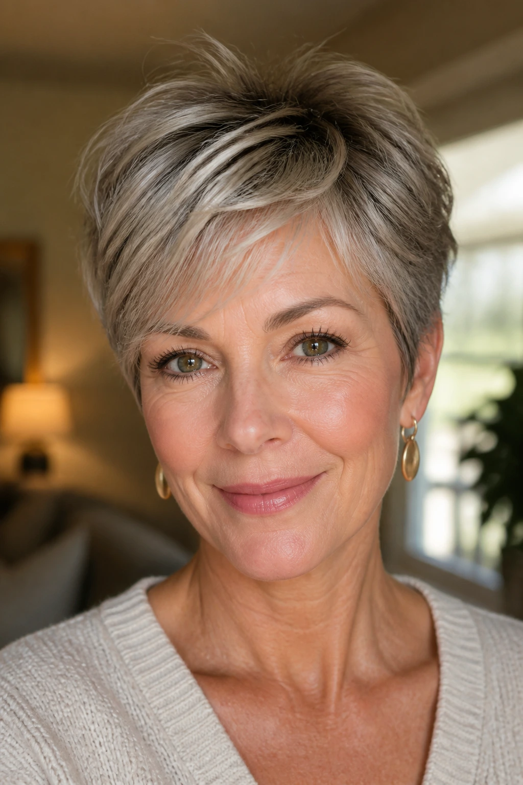 Close-up of a real woman with feathered pixie ends in warm window light